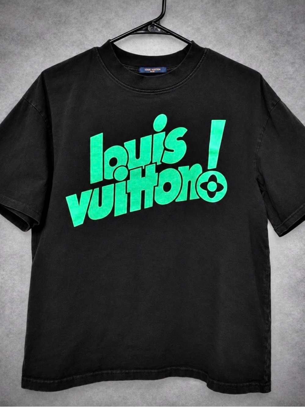 Louis Vuitton Black Tee with Neon Green Logo Print